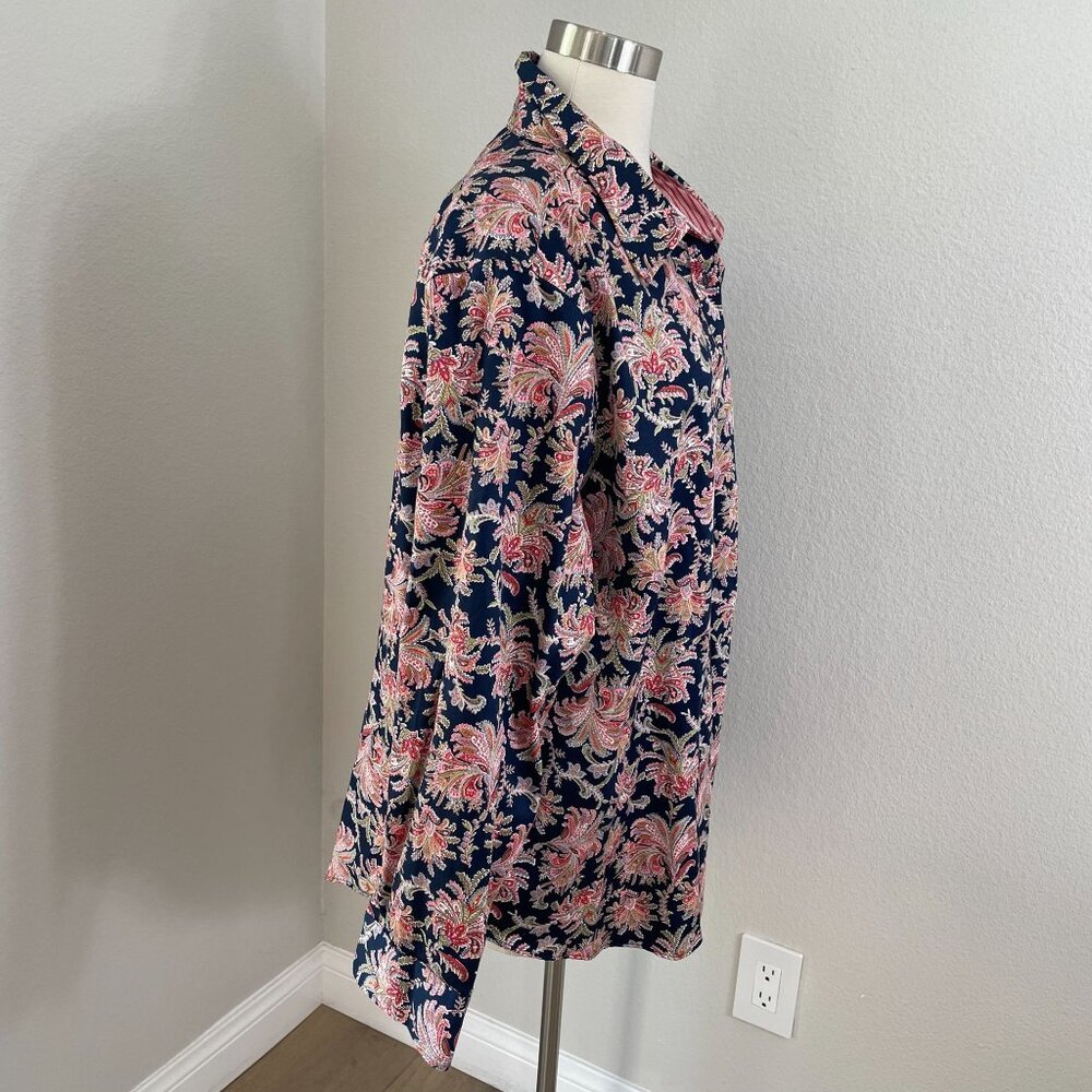 Chaps Womens Plus 2X No Iron Button Up Blouse‎ Navy Pink Paisley Long Sleeve Top - Picture 5 of 8